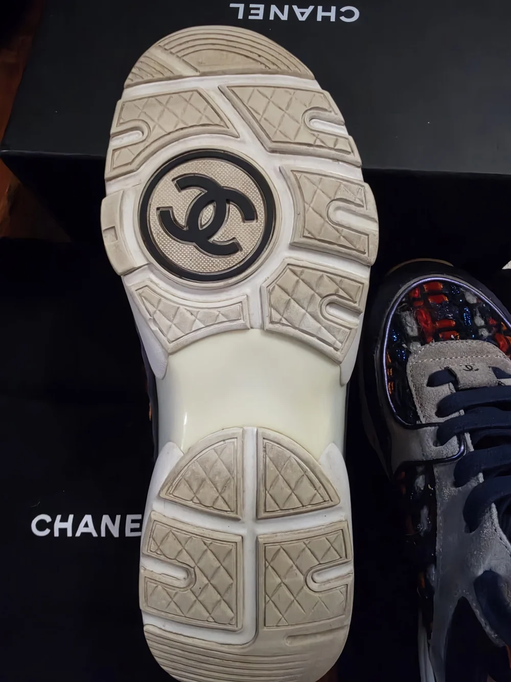 CHANEL Navy, Red and Gray Tweed Kids Sneakers